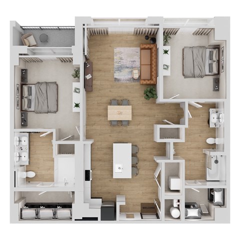 A top-down view of a modern apartment layout with two bedrooms, a living area, and a kitchen.